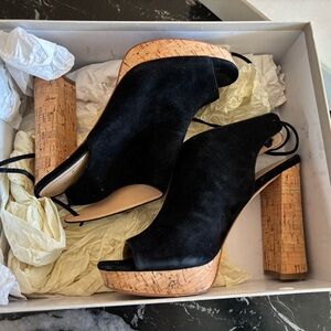 Pour La Victoire Black Suede Heels with Cork Block